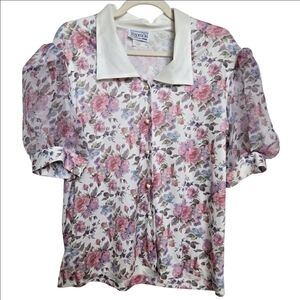 ❤️2/$20❤️ Vintage Tradition Floral Pink Puff Sleeve Blouse‎